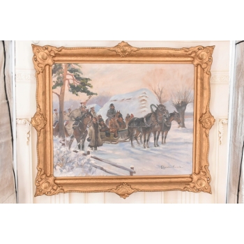 Wojciech Kossak - Przejazd Żołnierzy Przez Wieś - Zimowa Scena Obraz Olejny