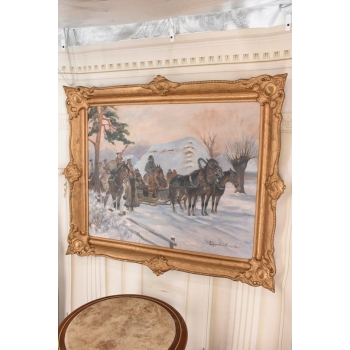 Wojciech Kossak - Przejazd Żołnierzy Przez Wieś - Zimowa Scena Obraz Olejny