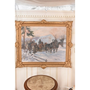 Wojciech Kossak - Przejazd Żołnierzy Przez Wieś - Zimowa Scena Obraz Olejny