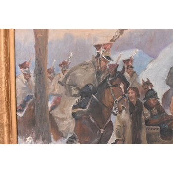 Wojciech Kossak - Przejazd Żołnierzy Przez Wieś - Zimowa Scena Obraz Olejny