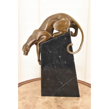 Pantera Na Skale - Figura Pantery - Rzeźba z Brązu Na Marmurowej Podstawie