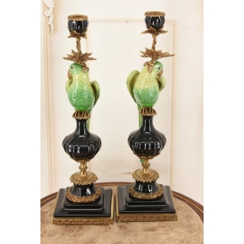 Dwa Porcelanowe Świeczniki Papugi Zielone - Porcelana + Brąz - Świecznik