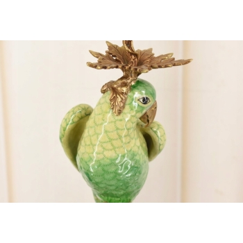 Dwa Porcelanowe Świeczniki Papugi Zielone - Porcelana + Brąz - Świecznik