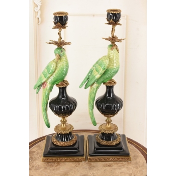 Dwa Porcelanowe Świeczniki Papugi Zielone - Porcelana + Brąz - Świecznik