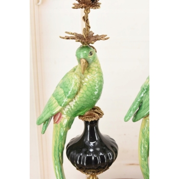 Dwa Porcelanowe Świeczniki Papugi Zielone - Porcelana + Brąz - Świecznik