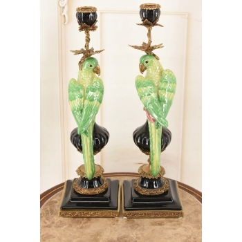 Dwa Porcelanowe Świeczniki Papugi Zielone - Porcelana + Brąz - Świecznik