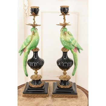 Dwa Porcelanowe Świeczniki Papugi Zielone - Porcelana + Brąz - Świecznik