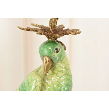 Dwa Porcelanowe Świeczniki Papugi Zielone - Porcelana + Brąz - Świecznik