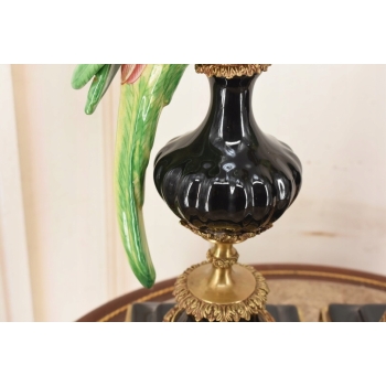 Dwa Porcelanowe Świeczniki Papugi Zielone - Porcelana + Brąz - Świecznik