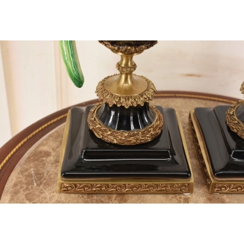 Dwa Porcelanowe Świeczniki Papugi Zielone - Porcelana + Brąz - Świecznik