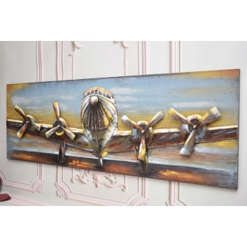 Metalowy Obraz 3D - Trójwymiarowy Lecący Samolot - Ozdoba Metal 60 x 180 cm