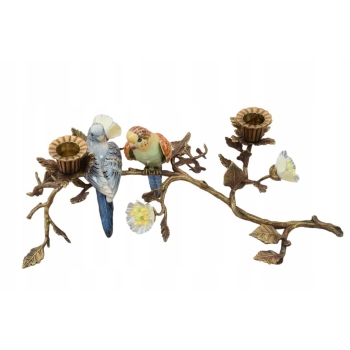 Świecznik Papugi - Porcelana + Brąz - Kolorowe Ptaki - Dekoracja