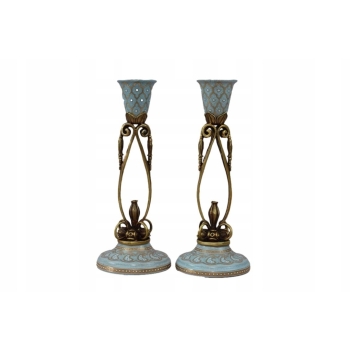 Dwa Świeczniki Porcelanowe - Porcelana + Brąz - Niebieskie - Syng