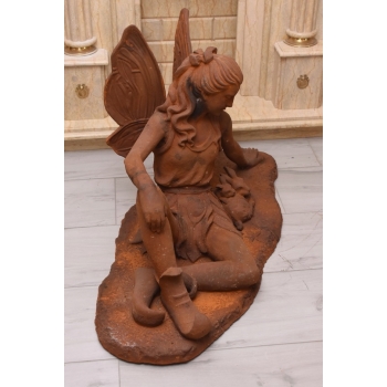 Żeliwna Figura Siedząca Calineczka z Królikami - Elf Wróżka - Rzeźba Żeliwo