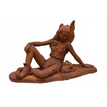 Żeliwna Figura Siedząca Calineczka z Królikami - Elf Wróżka - Rzeźba Żeliwo