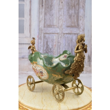 Porcelanowa Patera na Kołach - Dorożka Wóz + Figury z Brązu