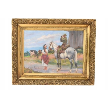 Wojciech Kossak - Spotkanie Ułana i Dziewczyny - Obraz Olejny Złota Rama