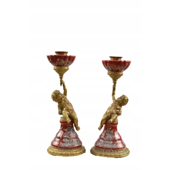 2 Czerwone Świeczniki Porcelana + Brąz - Amory Anioły - Dekoracja