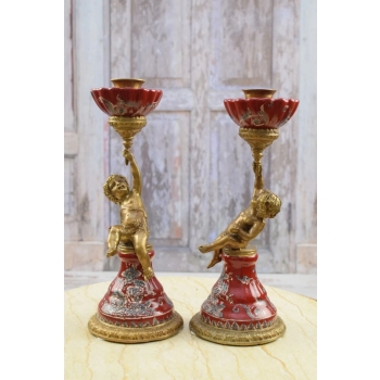 2 Czerwone Świeczniki Porcelana + Brąz - Amory Anioły - Dekoracja