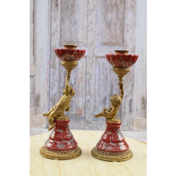 2 Czerwone Świeczniki Porcelana + Brąz - Amory Anioły - Dekoracja