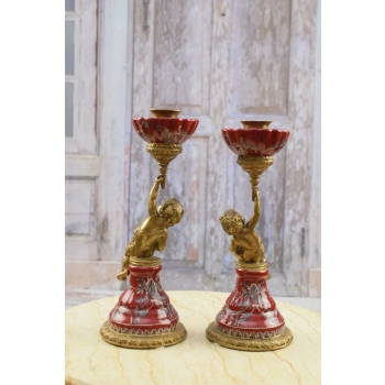 2 Czerwone Świeczniki Porcelana + Brąz - Amory Anioły - Dekoracja