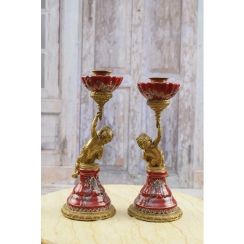 2 Czerwone Świeczniki Porcelana + Brąz - Amory Anioły - Dekoracja