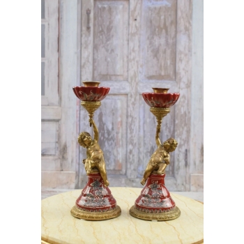 2 Czerwone Świeczniki Porcelana + Brąz - Amory Anioły - Dekoracja
