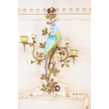 2x Porcelanowy Świecznik Papuga Na Gałęzi - Porcelana + Brąz - Na Ścianę