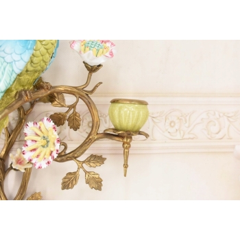 2x Porcelanowy Świecznik Papuga Na Gałęzi - Porcelana + Brąz - Na Ścianę