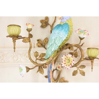 2x Porcelanowy Świecznik Papuga Na Gałęzi - Porcelana + Brąz - Na Ścianę