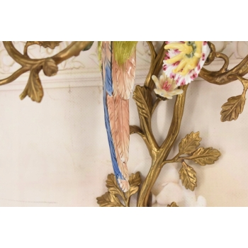 2x Porcelanowy Świecznik Papuga Na Gałęzi - Porcelana + Brąz - Na Ścianę