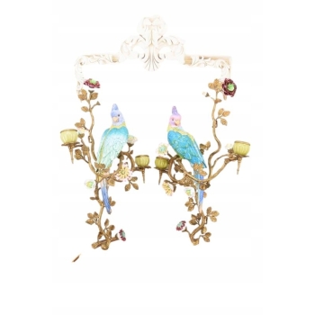 2x Porcelanowy Świecznik Papuga Na Gałęzi - Porcelana + Brąz - Na Ścianę