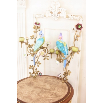 2x Porcelanowy Świecznik Papuga Na Gałęzi - Porcelana + Brąz - Na Ścianę