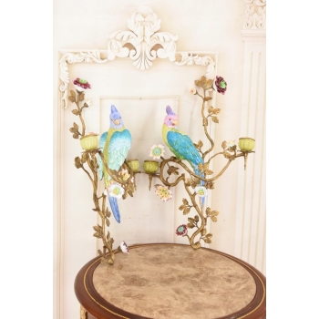 2x Porcelanowy Świecznik Papuga Na Gałęzi - Porcelana + Brąz - Na Ścianę