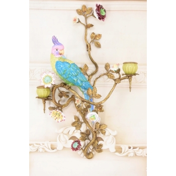 2x Porcelanowy Świecznik Papuga Na Gałęzi - Porcelana + Brąz - Na Ścianę