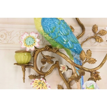 2x Porcelanowy Świecznik Papuga Na Gałęzi - Porcelana + Brąz - Na Ścianę