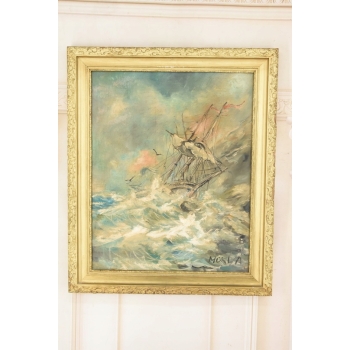 Mokwa - Statek na Morzu w Czasie Sztormu - Marynistyka - Polski Stary Obraz