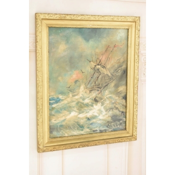 Mokwa - Statek na Morzu w Czasie Sztormu - Marynistyka - Polski Stary Obraz