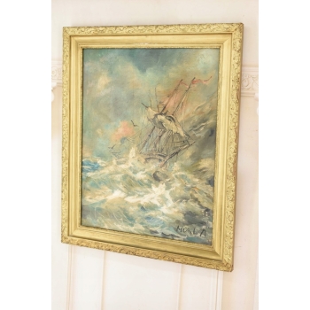 Mokwa - Statek na Morzu w Czasie Sztormu - Marynistyka - Polski Stary Obraz