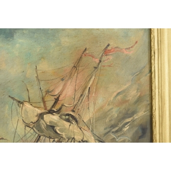 Mokwa - Statek na Morzu w Czasie Sztormu - Marynistyka - Polski Stary Obraz