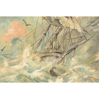 Mokwa - Statek na Morzu w Czasie Sztormu - Marynistyka - Polski Stary Obraz