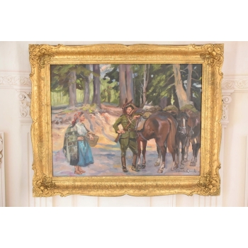 Wojciech Kossak - Spotkanie Ułana i Dziewczyny - Obraz Olejny Złota Rama