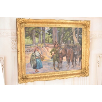 Wojciech Kossak - Spotkanie Ułana i Dziewczyny - Obraz Olejny Złota Rama