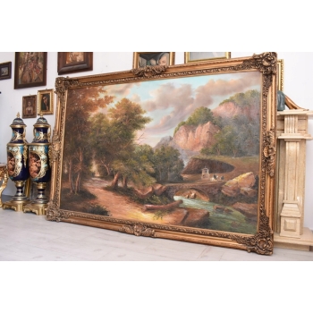 Wielki Obraz Olejny - Las i Rzeka - Duża Złota Rama 233x160cm