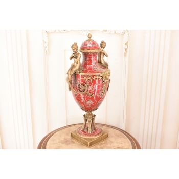 Porcelanowy Czerwony Wazon - Puchar Amfora Porcelana i Brąz - Kwiat Ozdoba