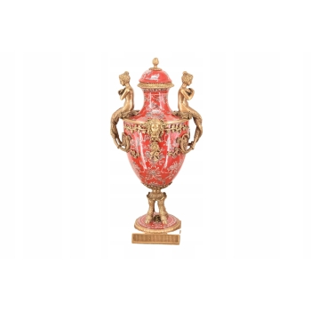 Porcelanowy Czerwony Wazon - Puchar Amfora Porcelana i Brąz - Kwiat Ozdoba