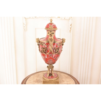 Porcelanowy Czerwony Wazon - Puchar Amfora Porcelana i Brąz - Kwiat Ozdoba