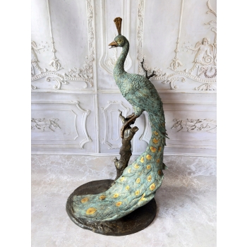 Wielki Kolorowy Paw FONTANNA z Brazu - Figura Dostojnego Pawia 125cm
