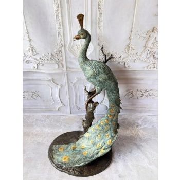 Wielki Kolorowy Paw FONTANNA z Brazu - Figura Dostojnego Pawia 125cm