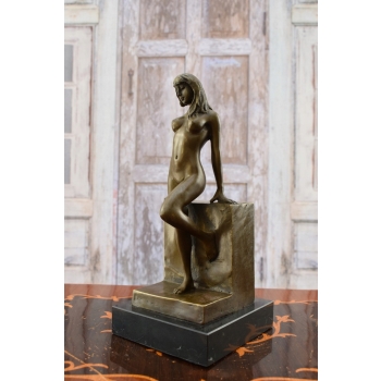 Akt Kobiety przy Postumencie - Naga Dama - Figura Rzeźba z Brązu - Akt